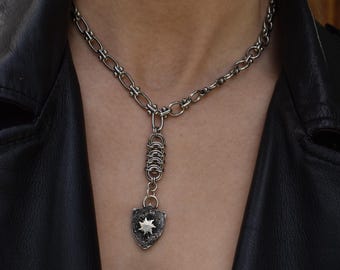 shield necklace,sun and moon reversible necklace with chainmail