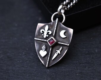 shield with garnet//four elements shield jewelry pre-order