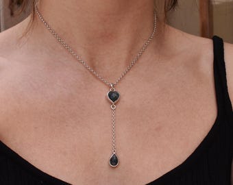Moss Agate Heart Lariat Necklace, Rose Cut Gemstone Y-Necklace