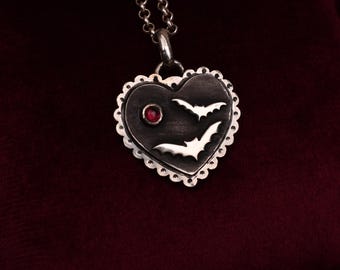 heart necklace with bats//spooky valentine//made to order