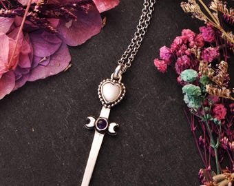 triple moon sword with heart//mother of pearl necklace