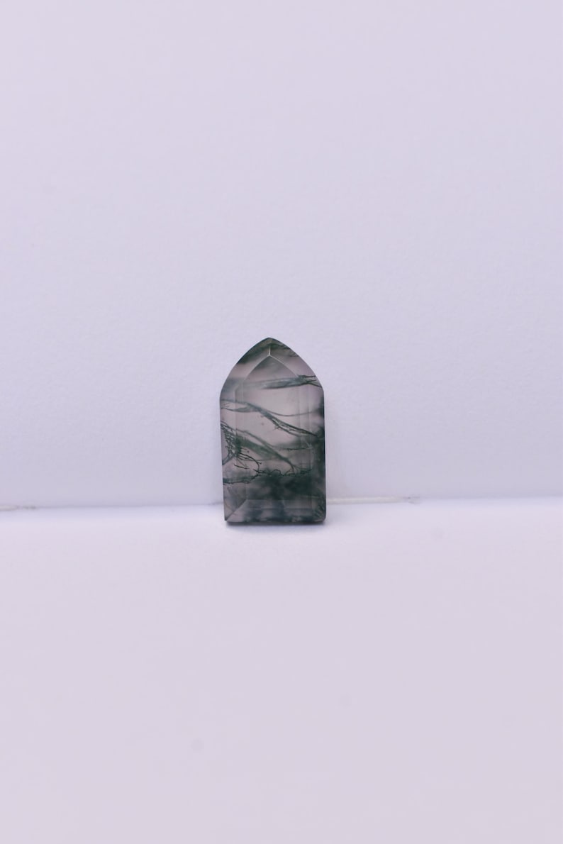 May include: A polished, semi-translucent stone cabochon shaped like a pointed arch or cathedral window. The stone features a clear, pale base with dark, moss-like inclusions that form intricate, branching, fern-like patterns throughout the interior.