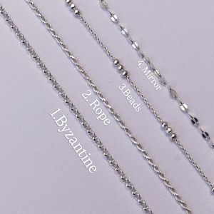 May include: Four silver-toned metal chains arranged diagonally. The chains are labeled as 1. Byzantine, 2. Rope, 3. Beads, and 4. Mirror. Each chain features a distinct link pattern, including a complex woven design, a twisted rope style, a beaded chain, and a flat reflective link style.