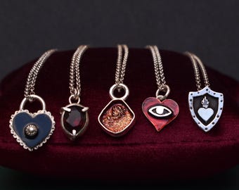 evil eye heart,enamel necklace,garnet charm