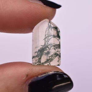 May include: A small, polished moss agate gemstone with a flat base and a rounded, arched top. The stone is translucent and features intricate, dark green, branch-like inclusions that resemble moss or fern patterns suspended within the clear quartz.