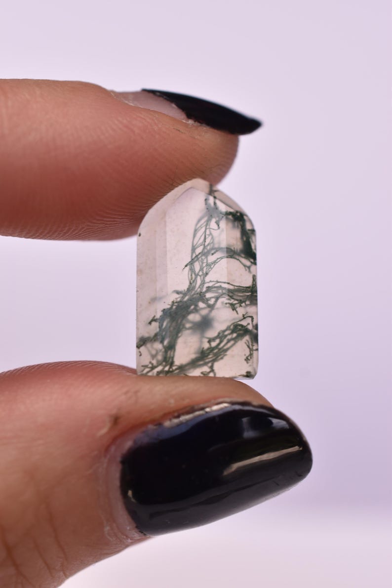 May include: A small, polished moss agate gemstone with a flat base and a rounded, arched top. The stone is translucent and features intricate, dark green, branch-like inclusions that resemble moss or fern patterns suspended within the clear quartz.
