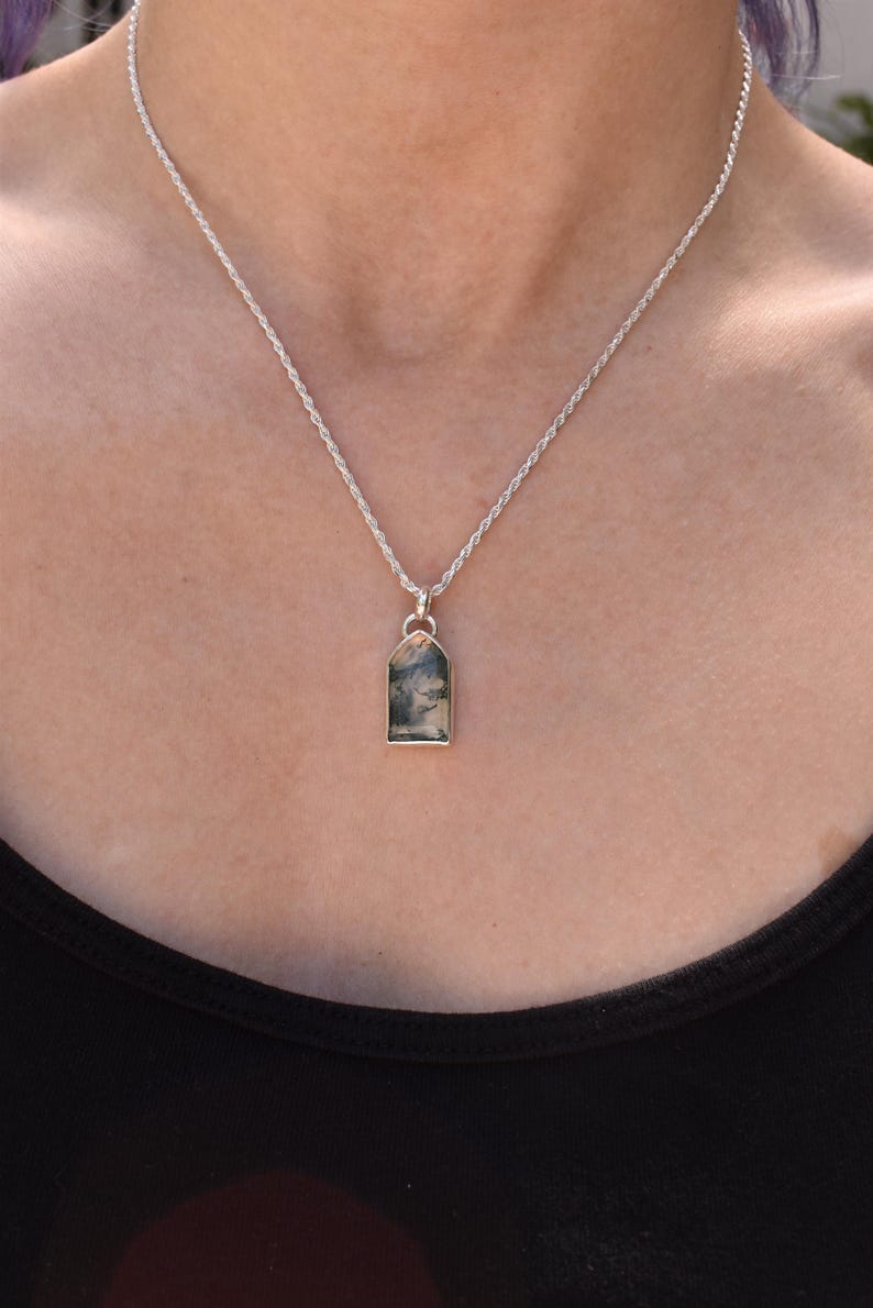 May include: A silver rope chain necklace featuring a rectangular pendant with an arched top. The pendant contains a translucent stone with dark, dendritic, tree-like inclusions that resemble a landscape scene set within a polished silver frame.