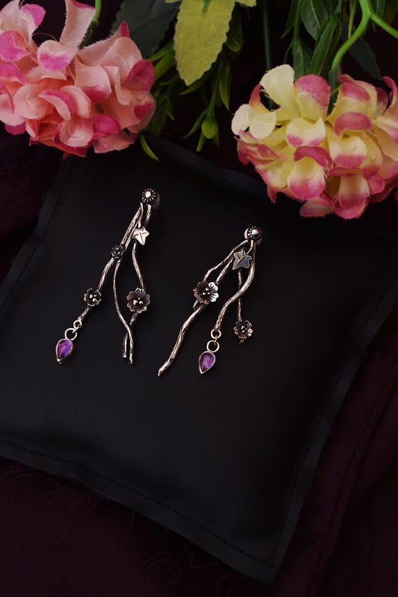 mismached branch earrings with amethysts and cherry blossoms