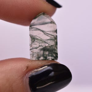 May include: A small, polished, semi-translucent moss agate gemstone shaped like a tombstone or arch. The stone features a clear, pale base with intricate, dark green, fern-like dendritic inclusions that spread throughout the interior of the crystal.
