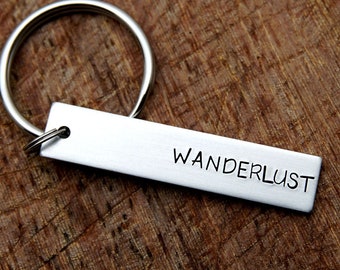 Custom Keychain, "WANDERLUST" keychain ,Hand Stamped personalized keychain, , Personalized,Geek key chain
