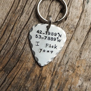 Coordinates Engraved Hand-Stamped Aluminum Guitar Pick Keychain - Custom Guitar Pick for Music Lovers