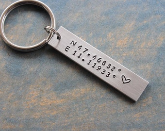 Custom Coordinates Keychain, Coordinate keychain , Personalized keychain, GPS Custom keychain, Silver Latitude longitude Keychain