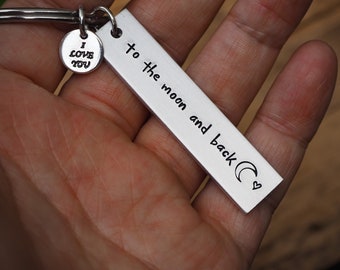 I Love You To The Moon And Back Keychain HandStamped - husband - wife - Boyfriend, girlfriend - Anniversary gift - Wedding Gift