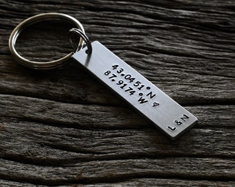 Engraved Coordinates Keychain, Personalized Aluminum Anniversary Gift