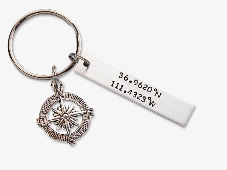 Compass keychain Personalized Coordinates Keychain Key Ring Etsy