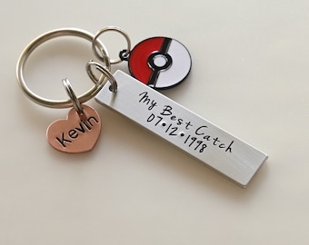 Personalized Stainless Steel Keychain, Anniversary Gift, Pokemon Ball Charm