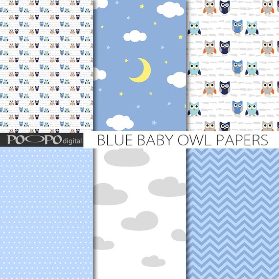 Owl Digital Paper Baby Blue Pattern Cute Baby Shower Etsy