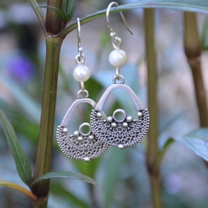 Pearl Earrings/Dangling Earrings/June Stone Earrings/June Birthstone/Antique Silver Plated Earrings/Boho Bohemian/Holiday Gift For Her/Yevga