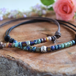 Multi-Color Beaded Anklet/Beads on Leather Anklet/Women&#39;s Anklet/Beads and Knots/Adjustable Boho Thin Anklet/Holiday Gift/For Her/by Yevga