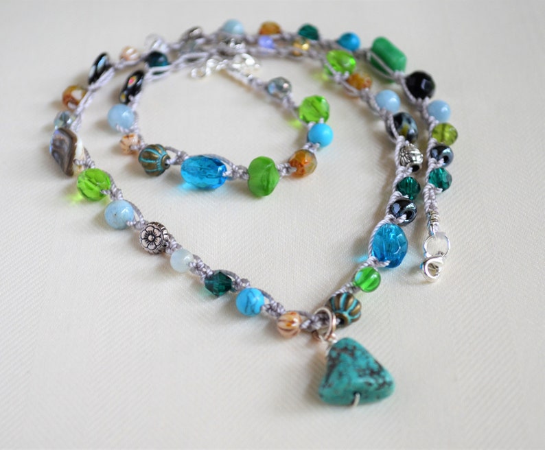 Necklace With Turquoise PendantCrocheted Bead NecklaceGreen Blue NecklaceGenuine Turquoise CharmCrochet NecklaceBohoFor HerYevga