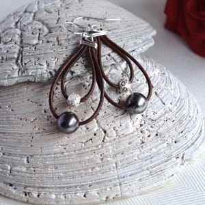 Tahitian Pearl Earrings/Tahiti Pearls Earrings/Elegant Pearl Jewelry/Dangling Pearl Earrings/Hoop Leather Earrings/Holiday Gift Idea/For Her