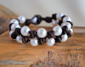 Pearl Leather Bracelet/Pearls on Leather/Leather and Pearls/Knotted Leather Bracelet/Boho Pearl Cuff/Pearl Leather Cuff/Holiday Gift For Her