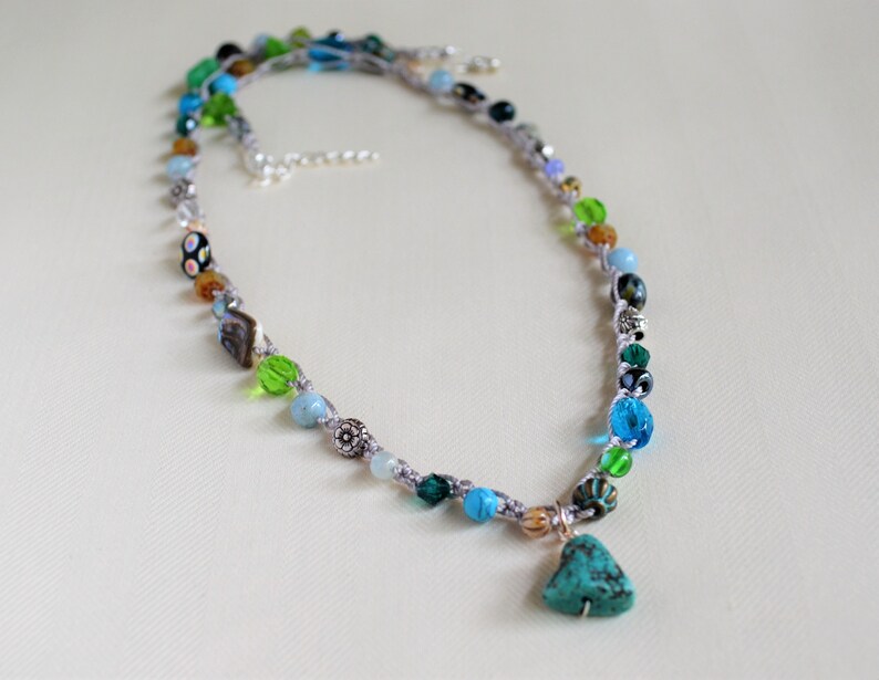 Necklace With Turquoise PendantCrocheted Bead NecklaceGreen Blue NecklaceGenuine Turquoise CharmCrochet NecklaceBohoFor HerYevga