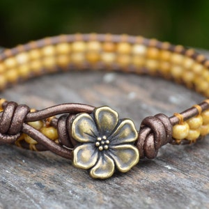 Beaded Leather Wrap Bracelet: Yellow Beads, Flower Button