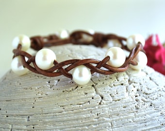Braided Leather Bracelet with Freshwater Pearls