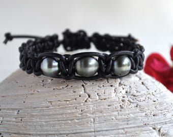 Tahitian Pearl Bracelet: Braided Greek Leather, Adjustable