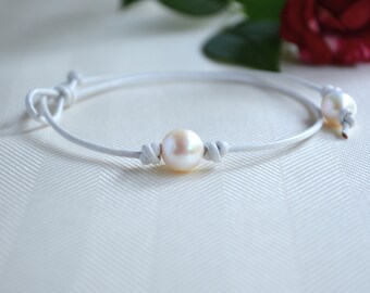 Girl's Pearl Leather Choker: AA Freshwater Pearl, Adjustable Cord