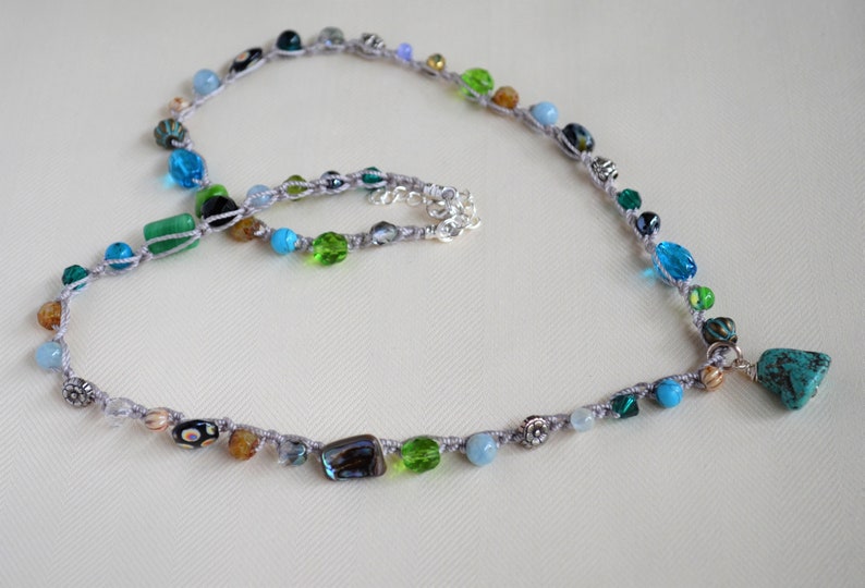 Necklace With Turquoise PendantCrocheted Bead NecklaceGreen Blue NecklaceGenuine Turquoise CharmCrochet NecklaceBohoFor HerYevga