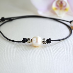 Large Pearl Leather Choker: Silver Plated Beads, Boho Jewelry