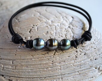 Tahitian South Sea Baroque Pearl Leather Bracelet for Men
