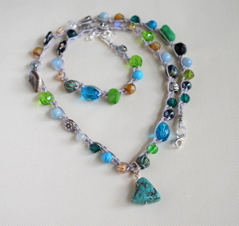Necklace With Turquoise PendantCrocheted Bead NecklaceGreen Blue NecklaceGenuine Turquoise CharmCrochet NecklaceBohoFor HerYevga