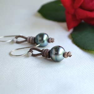 Tahitian Pearl Earrings: Sterling Silver, Brown Leather, Elegant Jewelry