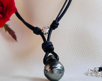 Tahitian Pearl Leather Necklace: Sterling Silver Accent, Elegant Gift
