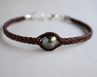 UNISEX Tahitian Pearl Bracelet/Tahiti Pearl Bracelet/Single Pearl Braided Leather Bracelet/Boho Pearl Jewelry/Holiday Gift/For Her Him/Yevga