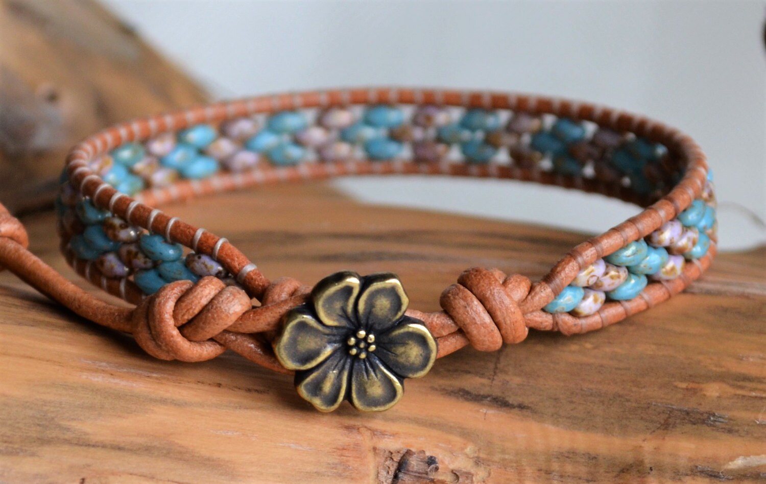 Violet Turquoise Yellow/bead Wrap Bracelet/beaded Leather