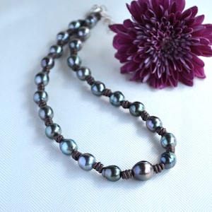 Hand-Knotted Tahitian Pearl Necklace: Black Leather Boho Choker
