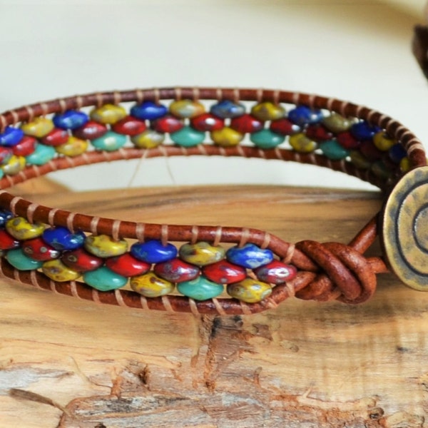 Unisex Multi-Color Leather Bracelet/Boho Wrap Bracelet/Beaded Leather Wrap/Colorful Bracelet/Handmade/Beads on Leather/Holiday Gifts/Yevga