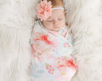 Organic cotton swaddle blanket in Indy Bloom Pink and Blush Floral - Pink, Blush and Coral Flowers on Mint Leaves