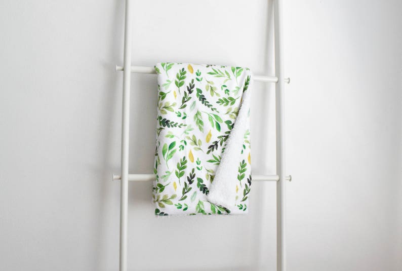 Watercolor Leaves Green Gender Neutral Nature Sherpa Cuddle Blanket