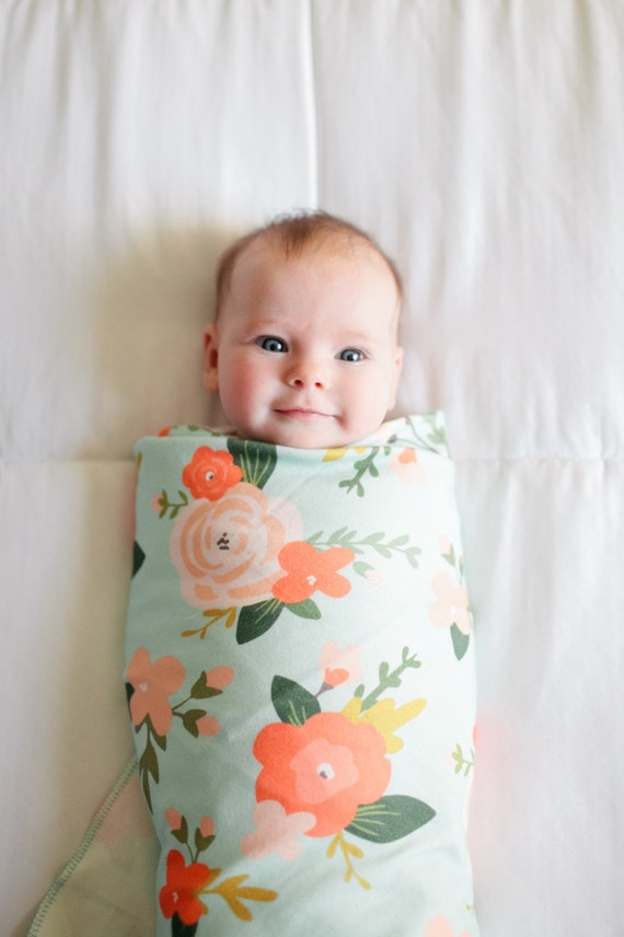 Organic cotton swaddle blanket in mint with coral peach and Etsy