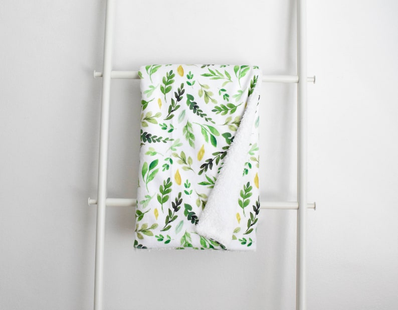 Watercolor Leaves Green Gender Neutral Nature Sherpa Cuddle Blanket
