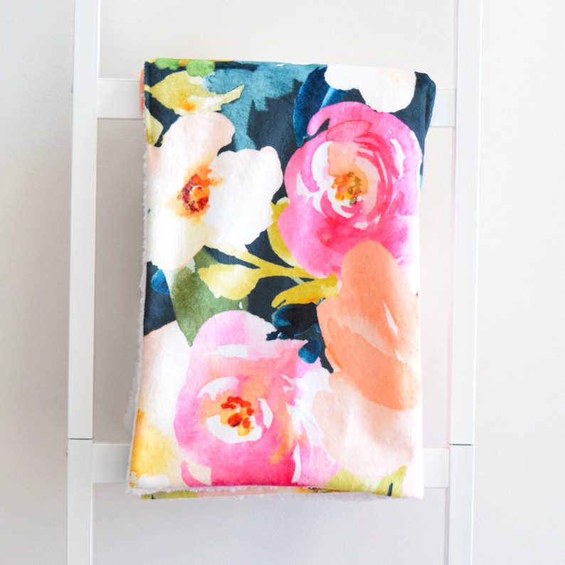 Sherpa Cuddle Blanket Peach and Pink Flowers on Navy Portadown Watercolor Floral