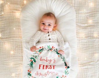 Baby's First Christmas Lovey Blanket - Christmas, Stocking Stuffer, 1st Christmas, Wreath, Holly