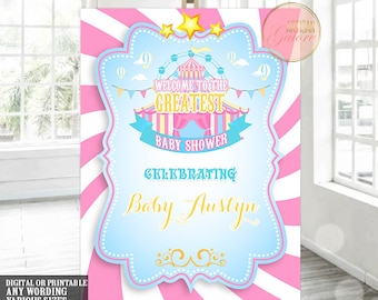 Pink Circus Welcome Sign, Circus Baby Shower sign, Circus first birthday, Carousel baby shower decorations, editable welcome sign, Printable