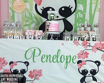 Panda Backdrop Banner, Pink Floral Bamboo Greenery Baby Shower Birthday Party Panda Sign Wall Decor table frontPDF Digital