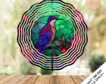 Hummingbird Stained Glass Wind Spinner Sublimation Design Template, Bird Wind Spinner, 10.5 inch Round Sublimation,Round Hanging Spinner PNG